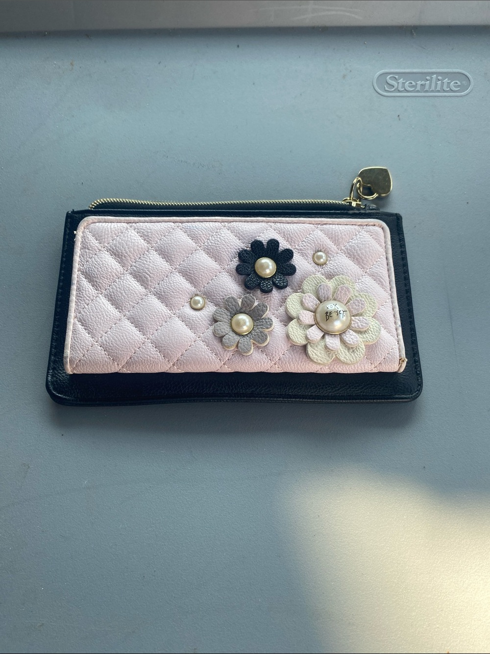 Betsey Johnson Pink Quilted Floral Appliqué Wallet with Black Trim